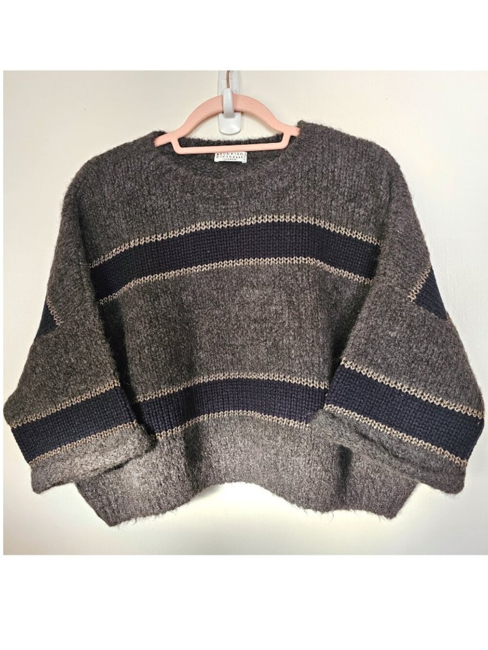 Brunello Cucinelli Alpaca Virgin Wool Metallic Detail Dolman Sleeve Crop Sweater